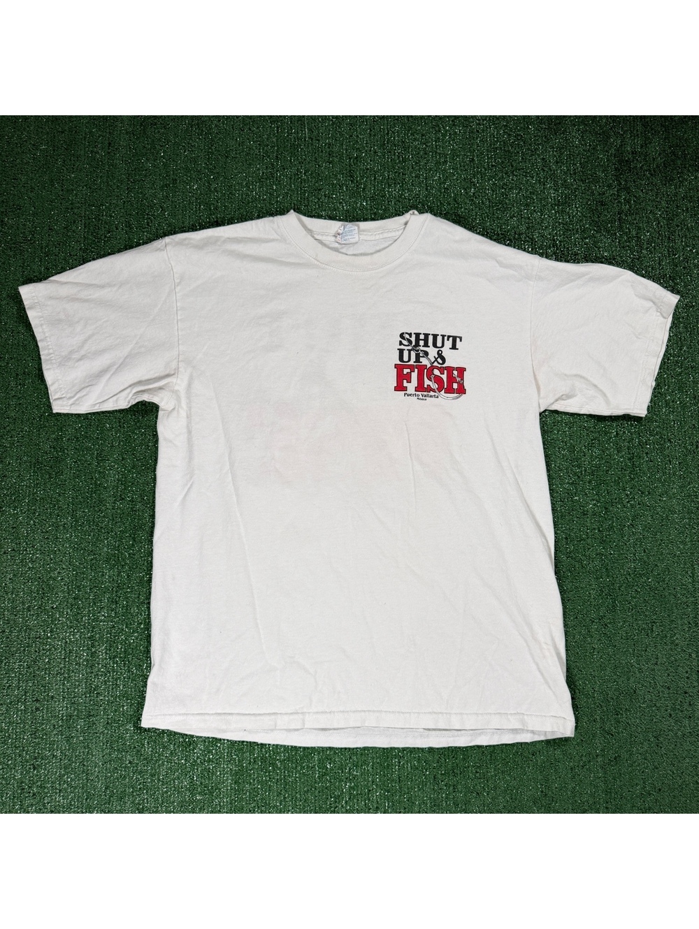 White Yazbek Puerto Vallarta Mexico 'Shut Up & Fish' Graphic T-Shirt Size Large